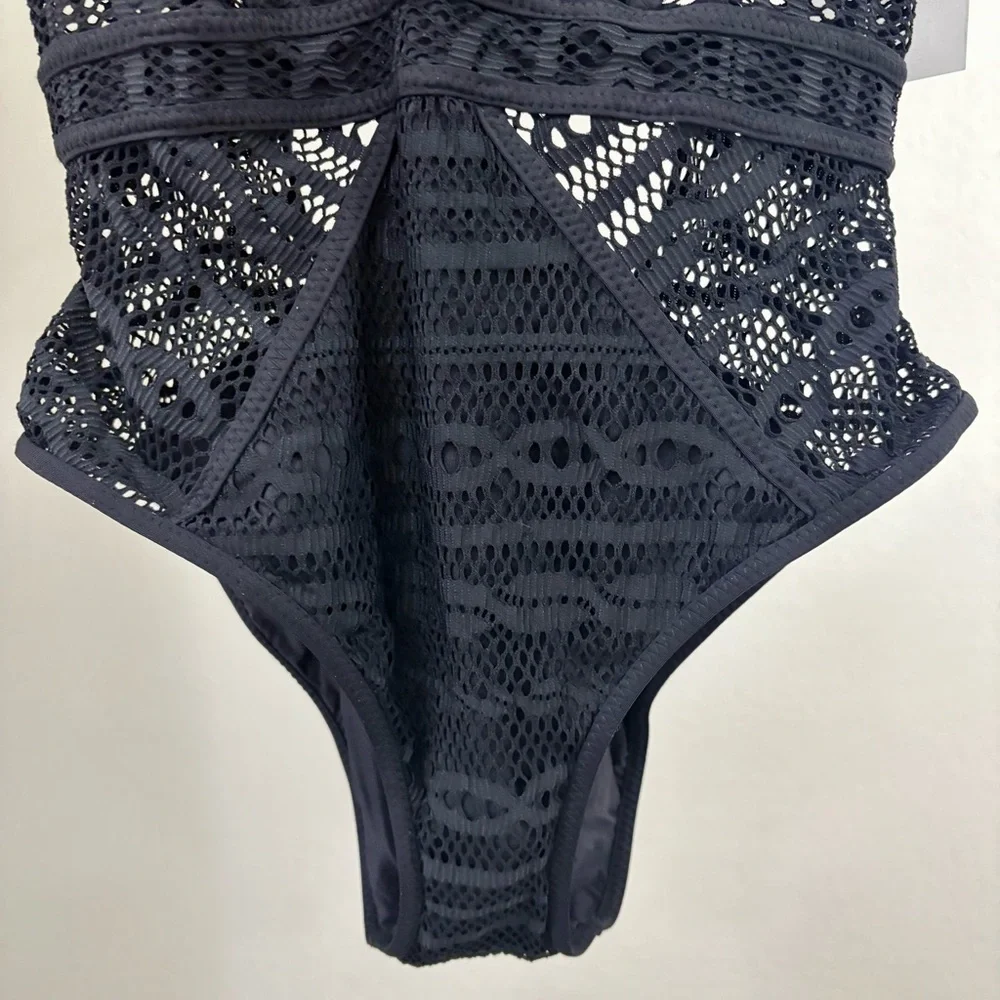 NWT! BECCA BY REBECCA VIRTUE, Crochet One-Piece Swimsuit in black. - Picture 5 of 10